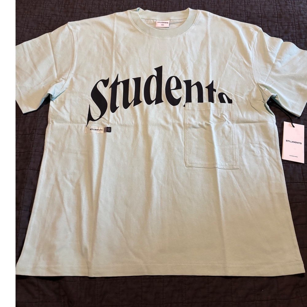 Students Graphic Print Pocket Tee T-Shirt Medium Mint Green Casual‎ Top